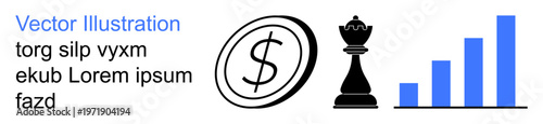 Financial planning, strategic management, growth analysis, economic success, investment strategy, decision-making. Dollar sign, chess piece bar chart. Financial planning and strategic management