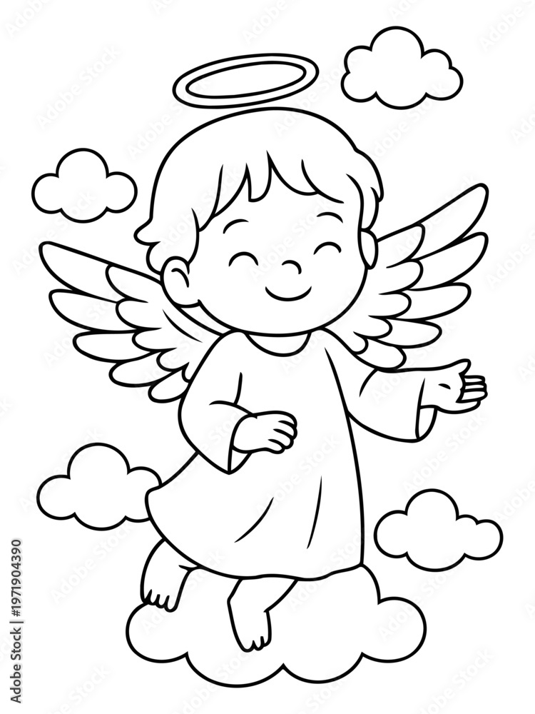 Fototapeta premium Angel in the Sky: A sweet angel soars through the fluffy clouds with a gentle smile. It brings a feeling of peace and divine presence.