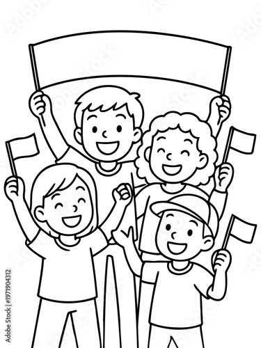 Cheerful Demonstration: A happy family united in their shared expression, joyfully holding banners and flags, their faces beaming with optimistic fervor.