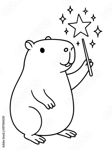 Magical Rodent: A charming capybara holds a magic wand with a sparkling star, exuding an air of enchantment and wonder. This illustration is an embodiment of fantasy and cuteness.