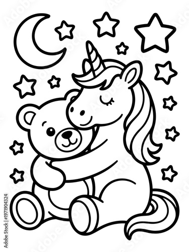 Celestial Embrace: A whimsical unicorn with a majestic horn and flowing mane cuddles a soft teddy bear, nestled amidst twinkling stars and a crescent moon, inviting a sense of wonder and comfort.