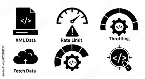 Icons depicting API data fetch, rate limit, throttling, and cloud data status for technology workflows.