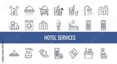Icons Depicting Hotel Services and Guest Amenities for Travel and Stay.