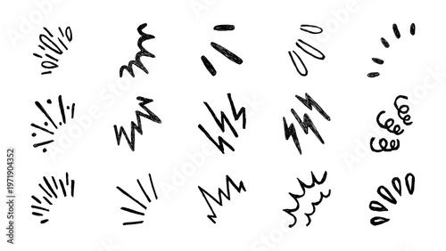 Fotografie Set of 15 Hand-Drawn Black Comic Action Elements and Scribble Doodles on Transpa