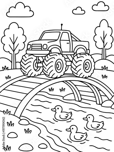 Monster Truck on Bridge: A monochrome illustration features a formidable monster truck poised above a gentle stream where three ducks are floating. This captivating image captures the imagination.