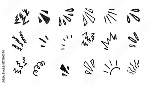 Set of 18 Hand-Drawn Comic Action Elements and Manga Expression Doodles on Transparent Background
