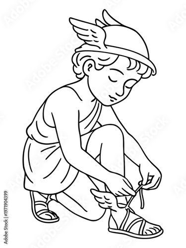 Hermes, The Messenger: A simple line illustration of the mythological figure Hermes, depicted with his iconic winged helmet and sandals, focused on tying his shoe.
