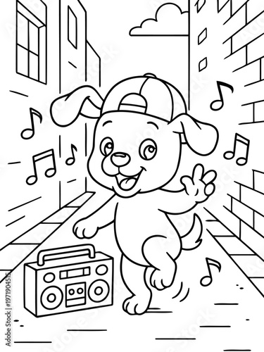 Canine Rhapsody: A lively cartoon of a puppy, brimming with youthful exuberance, grooves to the music, its dance moves amplified by musical notes and a retro stereo amidst an urban setting.