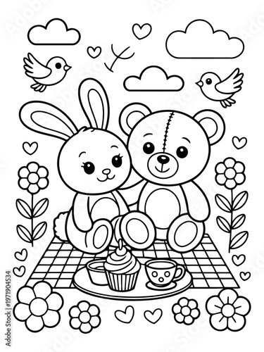 Cartoon Friends' Picnic: A charming illustration depicts a sweet picnic scene with a cuddly bear and a playful bunny, enjoying a cupcake and tea amidst hearts, flowers, and cheerful birds.