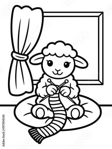 Cozy Lamb's Handiwork: A charming lamb, nestled by a window, diligently knits with needles and yarn, crafting a cozy scarf