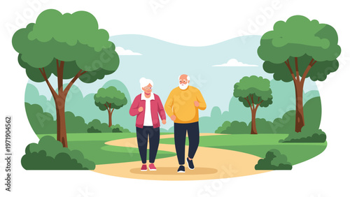 Elderly couple enjoys a peaceful walk together along a winding path in a green park surrounded by lush trees and bushes on a sunny day.