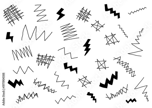 ギザギザやトゲトゲなどエッジの効いた手描きのあしらいセット（黒）