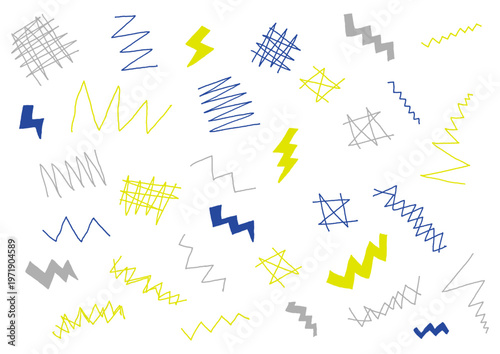 ギザギザやトゲトゲなどエッジの効いた手描きのあしらいセット（黄色・青）