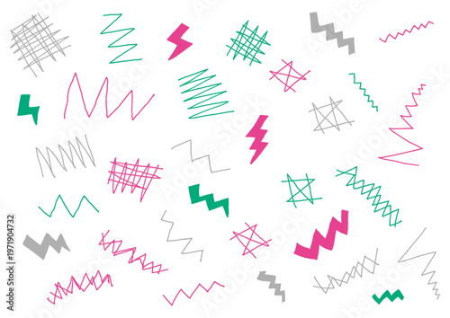 ギザギザやトゲトゲなどエッジの効いた手描きのあしらいセット（ピンク・緑）