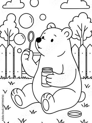 Bear Blowing Bubbles: An adorable cartoon bear blowing bubbles, sitting in a grassy area with a fence and trees in the background.