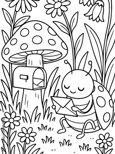 Cute Ladybug with Letter: A cheerful ladybug sits amongst vibrant flowers, clutching a sealed letter, while a whimsical mushroom mailbox adds a touch of enchantment to this charming scene.