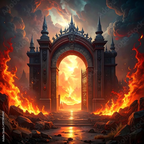 A fiery entrance to a fantasy world with a large archway