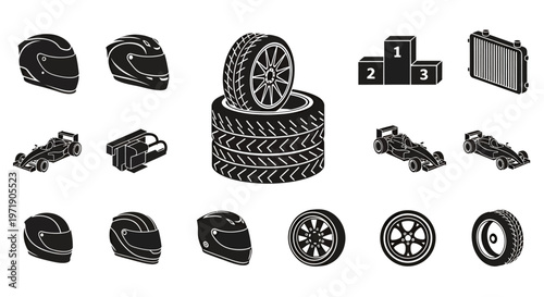 Collection of tire and wheel icons for automotive design and transportation graphics that illustrate rims, tread, and related parts.