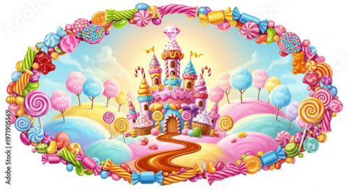Vibrant candy castle with colorful sweets and treats in whimsical landscape with blue sky