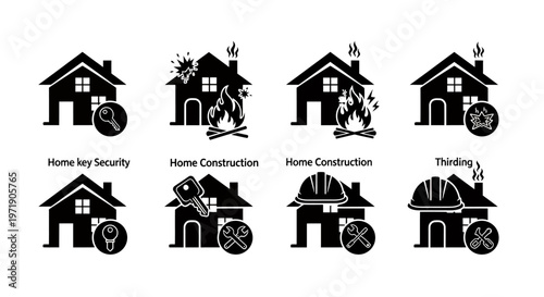 Collection of home icons showing security, construction, and maintenance themes in a house motif.