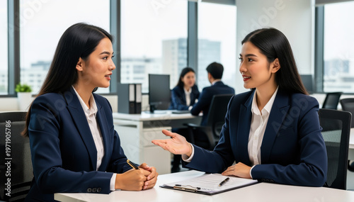 Engaged Dialogue: Two professional women engaged in an intense discussion at a modern office setting, showcasing collaboration and thoughtful communication.