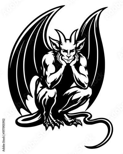 Detailed black and white illustration of a winged gargoyle perched in a pensive or crouching pose.