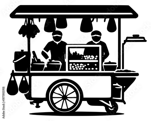 Two vendors working at Thai street food cart with hanging bags, bowls and canopy, traditional mobile food stall bold black silhouette illustration isolated on background