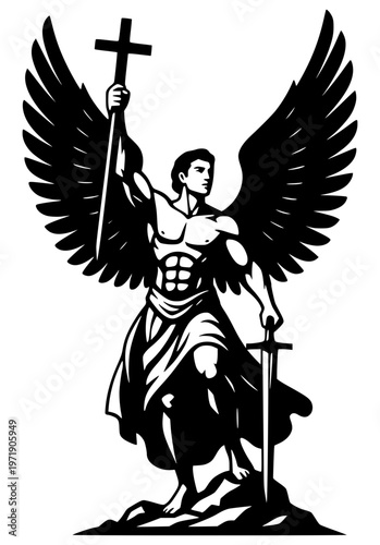 Archangel Michael standing on a rock. He holds one sword aloft with a cross hilt and another pointed downward. Sharp, high-contrast graphic ideal for religious, mythological, and fantasy themes.