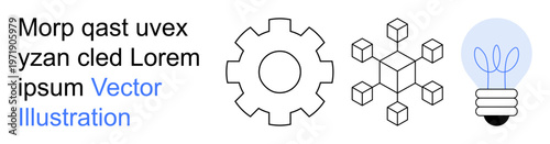 Innovation, technology, engineering, brainstorming, problem-solving, creativity. Gear, cubic network and light bulb. Innovation and technology with minimalistic symbols