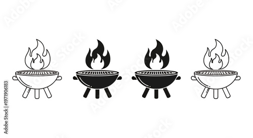 Four Outdoor Barbecue Grills Alight with Flames in a Backyard Setting Showcasing Grilling and Social Cookout Activity.