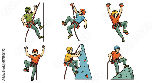 Illustrated climbers ascending various rock formations isolated