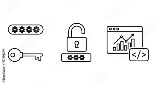 Icons illustrating password, padlock, and secure browser analytics for cybersecurity concepts.