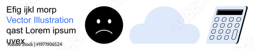 Emotional expression, cloud storage, technology concepts, data analytics, communication design, educational uses. Sad face icon, cloud shape and calculator with text. Emotional expression and cloud