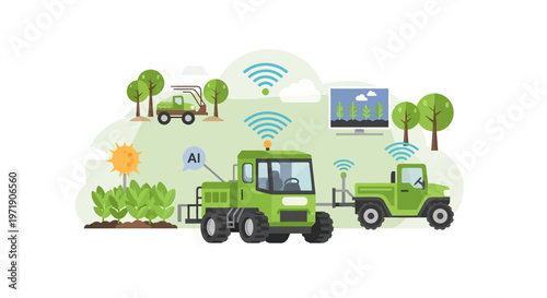 Smart farming technology with AI-powered tractors and drones optimizing crop yields in a modern agricultural landscape.
