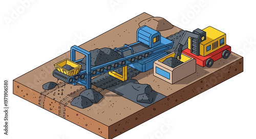 Isometric illustration of a coal mining operation with machinery, including a conveyor belt, excavator, and truck, extracting and transporting coal from the ground.