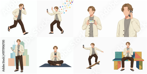 Illustration Set of Man in Various Poses Using Smartphone Lifestyle