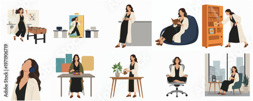 Flat Illustration Lifestyle Various Activities of Working Woman at Home