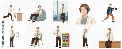 Cartoon Style Diverse Young Man Activities and Relaxing Moments Illustration