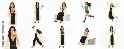 Minimalist Style Various Woman Character Flat Illustration in Different Poses