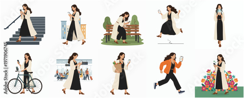 Flat Style Diverse Woman Using Mobile Phone Lifestyle Illustration Set