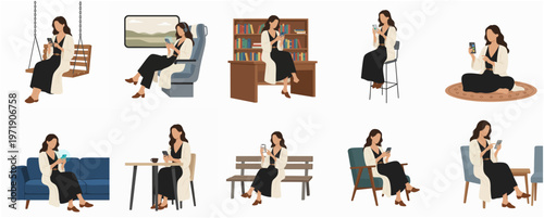 Minimalist Flat Illustration Set of Woman Sitting in Various Poses and Places