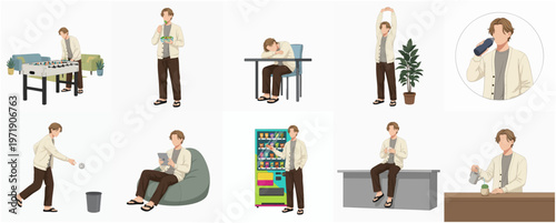 Set of Flat Illustration Diverse Daily Activities of a Stylish Man