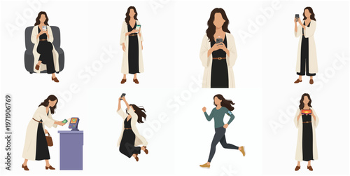 Flat Style Diverse Woman in Various Poses and Activities Illustration