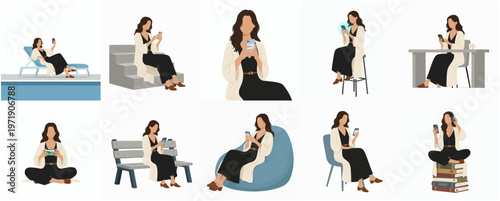 Flat Style Woman in Various Relaxing Poses Lifestyle Illustration Set