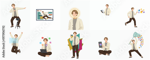 Stylish Handdrawn Diverse Man Character Poses with Gadgets and Social Media Elements Illustration