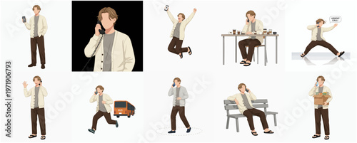 Minimalist Stylish Man Character in Different Poses Using Phone Illustration Set