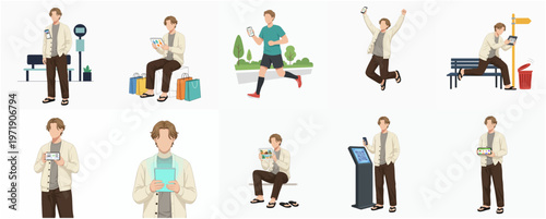 Illustrated Lifestyle Man Doing Various Activities with Digital Devices Character Set