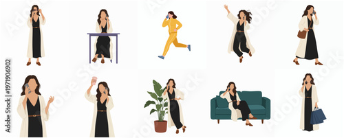 Minimalist Flat Style Illustration of Woman Using Phone in Various Poses Character