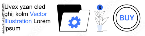 Business growth, financial investment, e-commerce, organization, digital systems, functionality. Visual of a folder with a gear, dollar plant and buy button. Business growth and financial investment