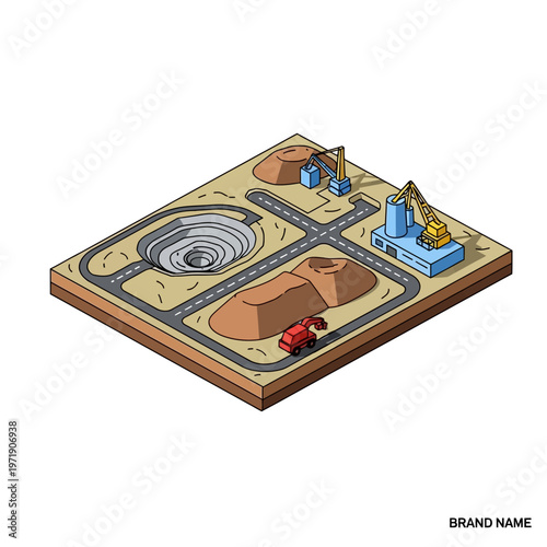Isometric illustration of a toy mining site with a quarry, trucks, cranes, and processing plant.